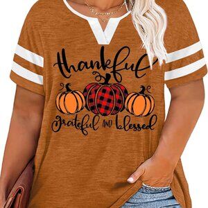 Stylish Plus Size Thanksgiving Shirt: Thankful Grateful Leopard Pumpkin Top